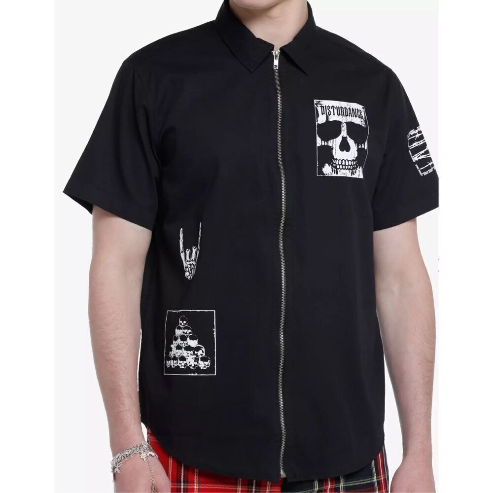 Hot Topic Skull Patch Zip-Up Woven Shirt Nwt Mens Medium